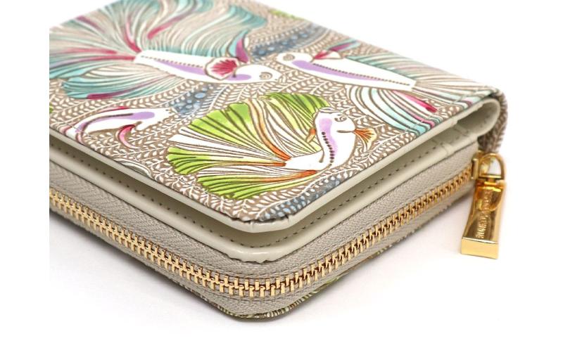 【文庫屋大関】二つ折りファスナーミニ財布 ラビリンスフィッシュ＜グリーン＞【皮革工芸品】財布 二つ折り 小物 お札 カード 小銭 コンパクト 牛革 手作り 日本製 墨田区 東京都