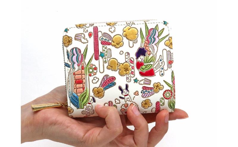 【文庫屋大関】二つ折りファスナーミニ財布 弾けるもろこしガール【皮革工芸品】財布 二つ折り 小物 お札 カード 小銭 コンパクト 牛革 手作り 日本製 墨田区 東京都
