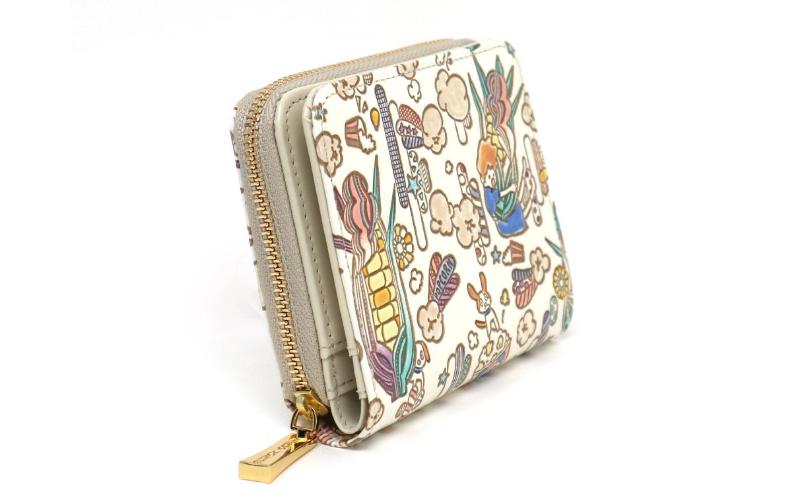 【文庫屋大関】二つ折りファスナーミニ財布 恋するもろこしガール【皮革工芸品】財布 二つ折り 小物 お札 カード 小銭 コンパクト 牛革 手作り 日本製 墨田区 東京都