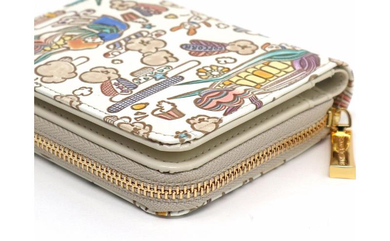 【文庫屋大関】二つ折りファスナーミニ財布 恋するもろこしガール【皮革工芸品】財布 二つ折り 小物 お札 カード 小銭 コンパクト 牛革 手作り 日本製 墨田区 東京都