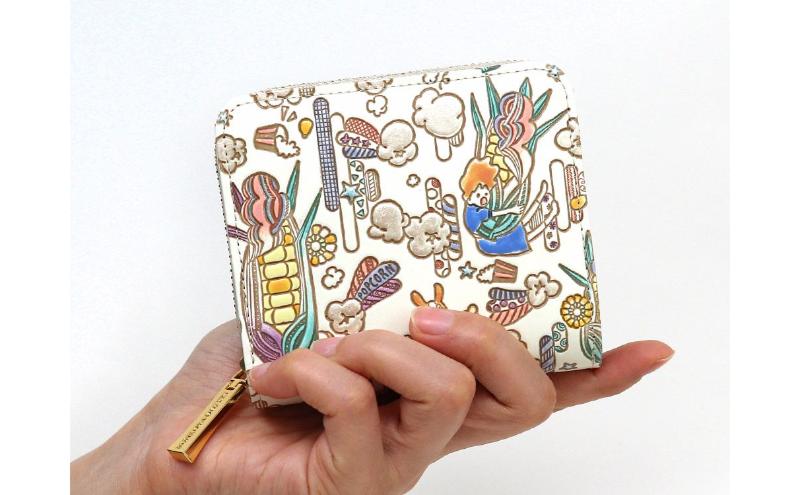 【文庫屋大関】二つ折りファスナーミニ財布 恋するもろこしガール【皮革工芸品】財布 二つ折り 小物 お札 カード 小銭 コンパクト 牛革 手作り 日本製 墨田区 東京都