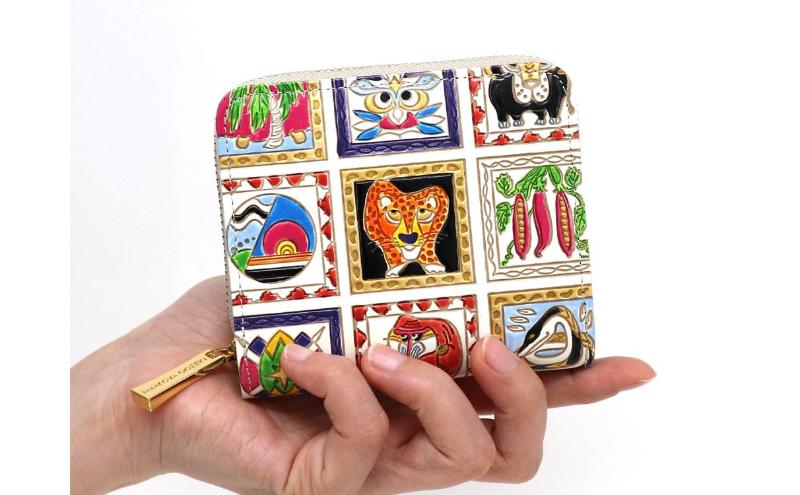 【文庫屋大関】二つ折りファスナーミニ財布 アフリカ【皮革工芸品】財布 二つ折り 小物 お札 カード 小銭 コンパクト 牛革 手作り 日本製 墨田区 東京都