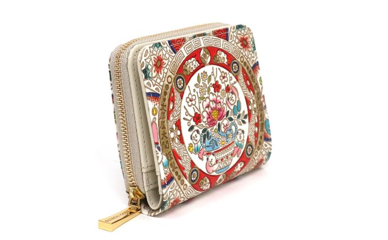 【文庫屋大関】二つ折りファスナーミニ財布 唐子【皮革工芸品】財布 二つ折り 小物 お札 カード 小銭 コンパクト 牛革 手作り 日本製 墨田区 東京都