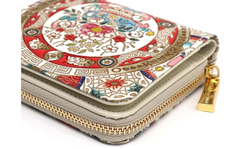 【文庫屋大関】二つ折りファスナーミニ財布 唐子【皮革工芸品】財布 二つ折り 小物 お札 カード 小銭 コンパクト 牛革 手作り 日本製 墨田区 東京都