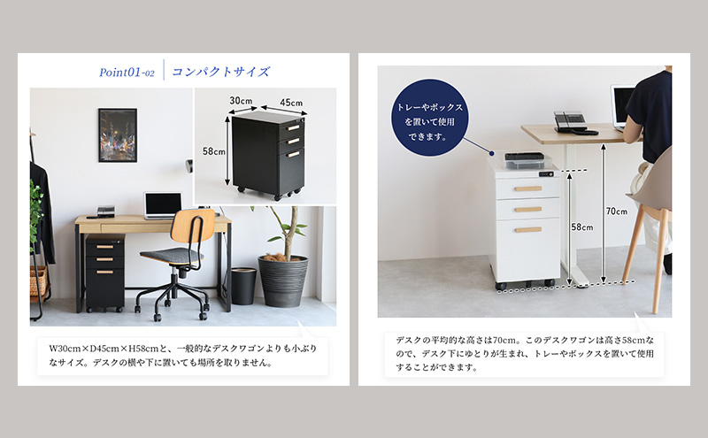 デスクワゴン 鍵付き キャスター付き 3段 完成品 Desk Wagon