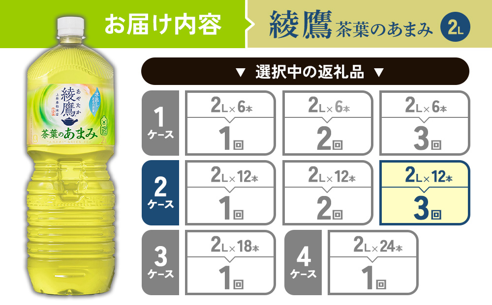 【3回定期便】綾鷹 茶葉のあまみ 2L PET【コカ・コーラ】ペットボトル 2ケース(12本)定期便 3回(36本) セット お茶 緑茶 日本茶 茶葉 あまみ 送料無料