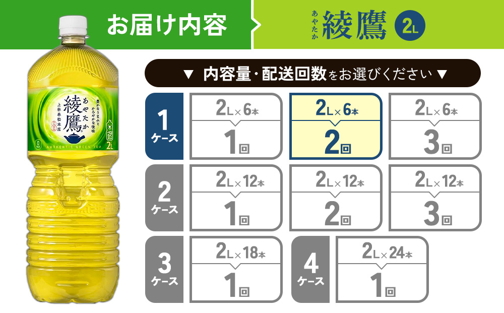 【2回定期便】綾鷹 2L PET【コカ・コーラ】ペットボトル 1ケース(6本)定期便 2回(12本)セット お茶 緑茶 日本茶 茶葉 送料無料