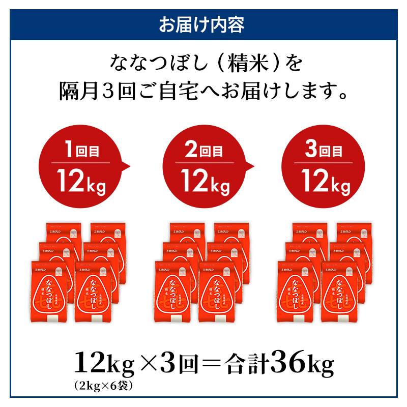 隔月3回 定期便 (精米12kg)ホクレン喜ななつぼし(精米2kg×6袋) 北海道米 お米 白米 ごはん ご飯 ライス 和食 炭水化物 主食 おにぎり お弁当 ほど良い粘り 豊かな甘み つややか 特A [JA新おたる]  