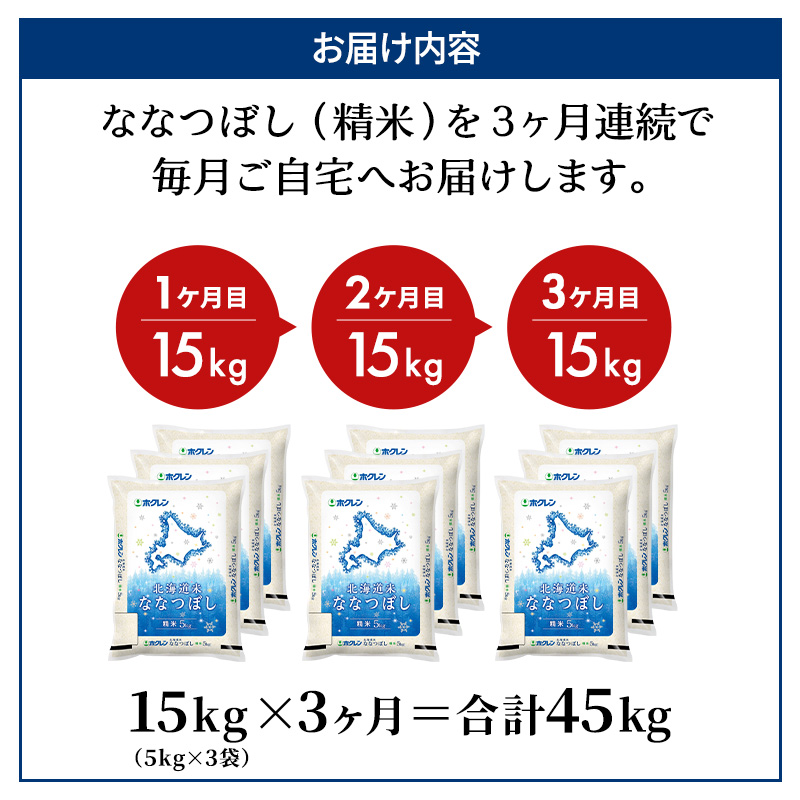 3ヵ月 定期便 (精米15kg)ホクレン北海道ななつぼし(精米5kg×3袋) 北海道米 お米 白米 ごはん ご飯 ライス 和食 炭水化物 主食 おにぎり お弁当 ほど良い粘り 豊かな甘み つややか 特A [JA新おたる]  