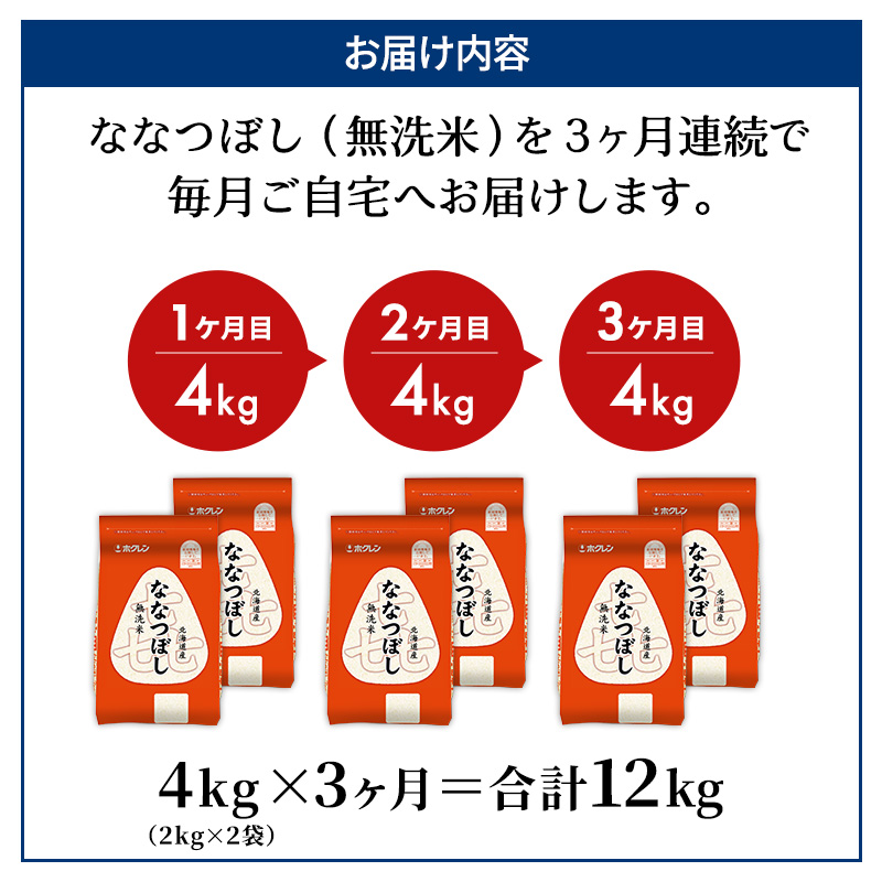 3ヵ月 定期便 (無洗米4kg)ホクレン喜ななつぼし(無洗米2kg×2袋) 北海道米 お米 白米 ごはん ご飯 ライス 和食 炭水化物 主食 おにぎり お弁当 ほど良い粘り 豊かな甘み つややか 特A [JA新おたる]  