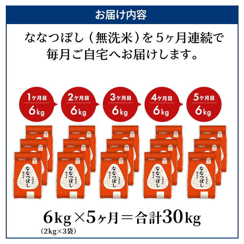 5ヵ月 定期便 (無洗米6kg)ホクレン喜ななつぼし(無洗米2kg×3袋) 北海道米 お米 白米 ごはん ご飯 ライス 和食 炭水化物 主食 おにぎり お弁当 ほど良い粘り 豊かな甘み つややか 特A [JA新おたる] 