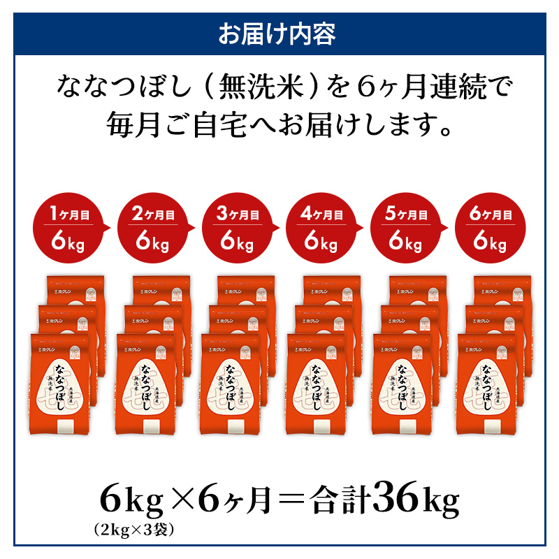 6ヵ月 定期便 (無洗米6kg)ホクレン喜ななつぼし(無洗米2kg×3袋) 北海道米 お米 白米 ごはん ご飯 ライス 和食 炭水化物 主食 おにぎり お弁当 ほど良い粘り 豊かな甘み つややか 特A [JA新おたる] 