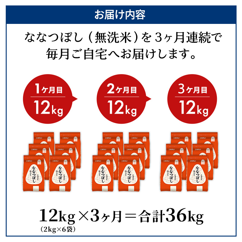 3ヵ月 定期便 (無洗米12kg)ホクレン喜ななつぼし(無洗米2kg×6袋) 北海道米 お米 白米 ごはん ご飯 ライス 和食 炭水化物 主食 おにぎり お弁当 ほど良い粘り 豊かな甘み つややか 特A [JA新おたる] 