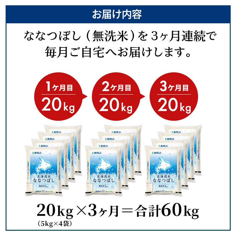 3ヵ月 定期便 (無洗米20kg)ホクレン北海道ななつぼし(無洗米5kg×4袋) 北海道米 お米 白米 ごはん ご飯 ライス 和食 炭水化物 主食 おにぎり お弁当 ほど良い粘り 豊かな甘み つややか 特A [JA新おたる] 