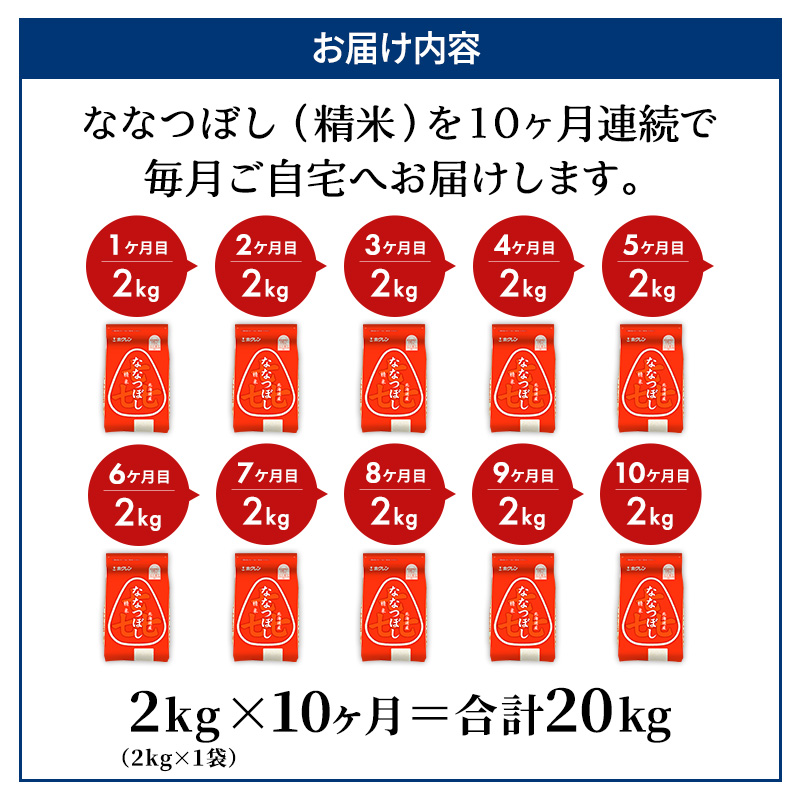 10ヵ月 定期便 (精米2kg)ホクレン喜ななつぼし(精米2kg×1袋)袋はチャック付 北海道米 お米 白米 ごはん ご飯 ライス 和食 炭水化物 主食 おにぎり お弁当 ほど良い粘り 豊かな甘み つややか セット 特A [JA新おたる] 