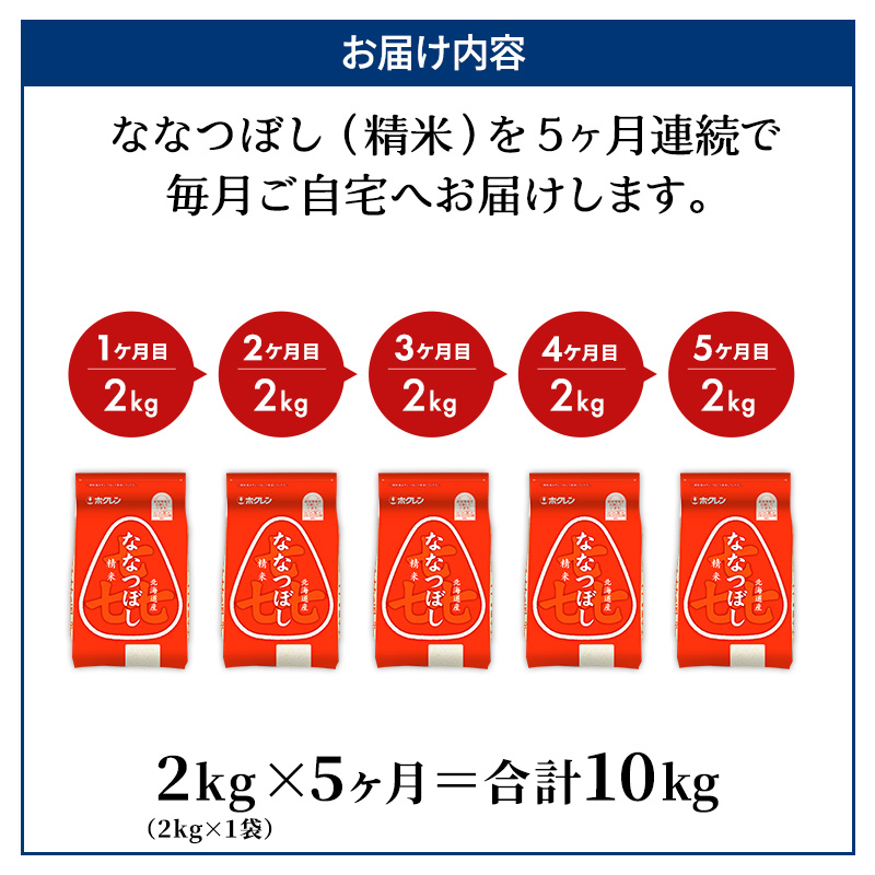 5ヵ月 定期便 (精米2kg)ホクレン喜ななつぼし(精米2kg×1袋)袋はチャック付 北海道米 お米 白米 ごはん ご飯 ライス 和食 炭水化物 主食 おにぎり お弁当 ほど良い粘り 豊かな甘み つややか セット 特A [JA新おたる] 
