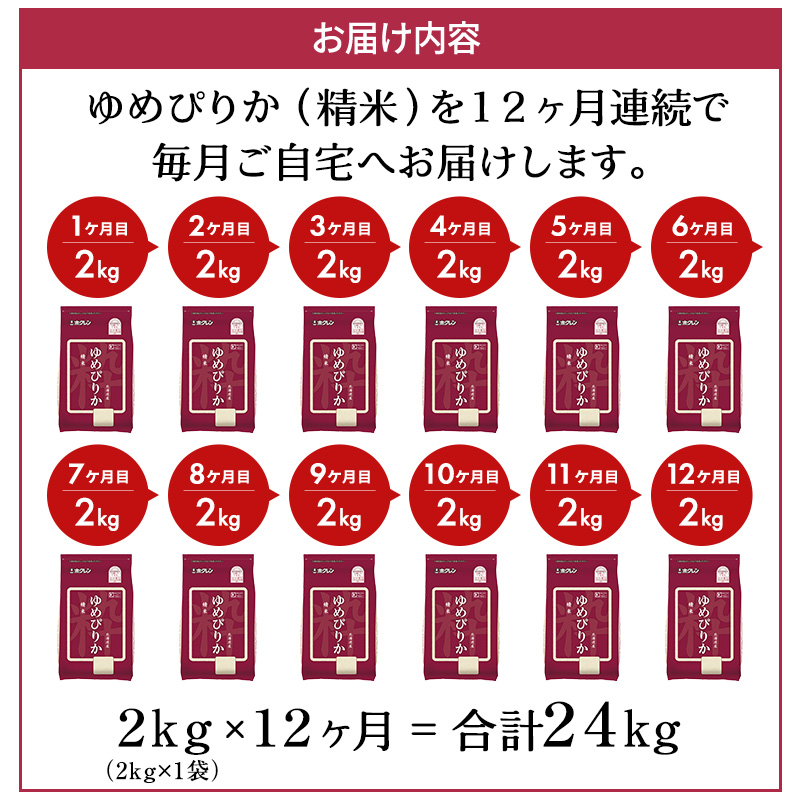 12ヵ月 定期便 (精米2kg)ホクレンゆめぴりか(精米2kg×1袋)袋はチャック付 北海道米 お米 白米 ごはん ご飯 ライス 和食 炭水化物 主食 おにぎり お弁当 ほど良い粘り 豊かな甘み つややか セット 特A [JA新おたる] 