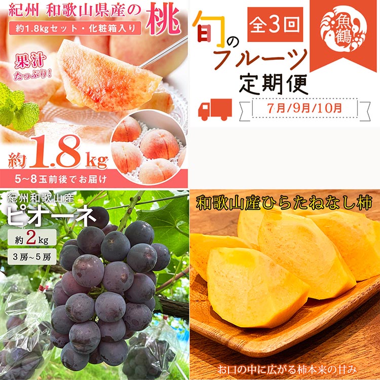 【和歌山県美浜町】〈定期便〉【7・9・10月 全3回】紀州和歌山産旬のフルーツセット(桃・ピオーネ・ひらたねなし柿) |フルーツ ふるーつ 果物 くだもの 詰め合わせ 果物定期便 もも ぶどう かき 国産 産地直送 美浜町