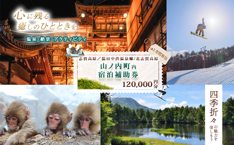 【長野県山ノ内町】山ノ内町内宿泊補助券(24枚)1年間有効 120,000円分 旅行 宿泊券 ホテル 旅館 チケット 宿泊 補助券 志賀高原 湯田中渋温泉郷 北志賀高原 地獄谷野猿公苑  温泉 ギフト 自然 観光 長野県 信州 冬 スキー