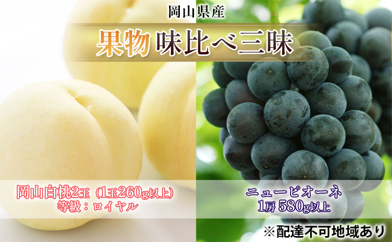 桃 ぶどう 2026年 先行予約 果物 味比べ三昧  岡山 白桃 2玉 等級：ロイヤル（1玉260g以上）ニュー ピオーネ 1房 580g以上 詰合せ もも 葡萄 岡山県産 国産 フルーツ 果物 ギフト 食べ比べ