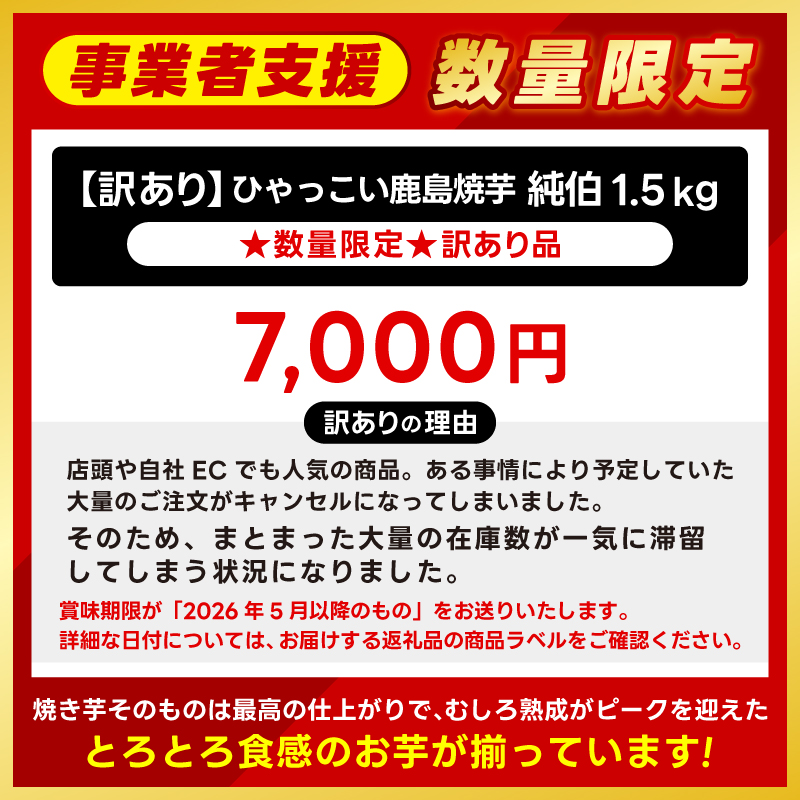 ★事業者支援★ 訳あり 冷凍 焼芋 「ひゃっこい 鹿島焼芋 純伯 1.5kg（500g×3袋）」 数量限定 【冷凍 冷凍やきいも 冷凍焼き芋 冷やし 焼き芋 やきいも さつまいも 紅はるか 芋 お菓子 おやつ デザート スイーツ 和菓子 和スイーツ 鹿嶋市 茨城県】（KBK-23-2）