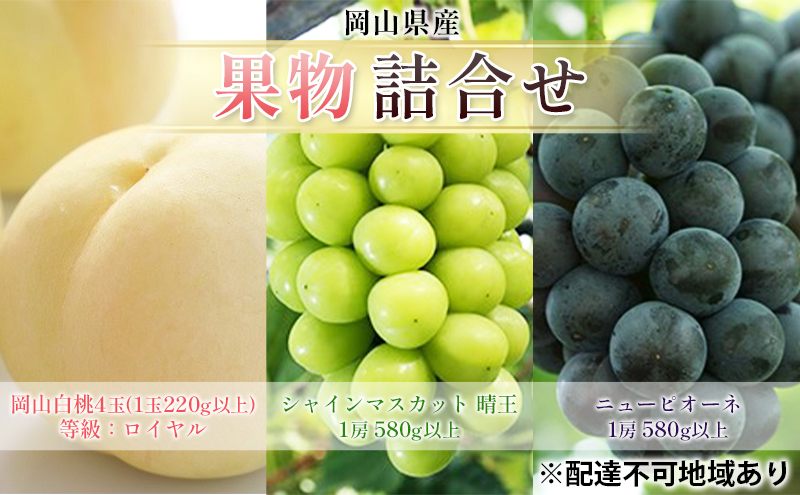フルーツ 2026年 先行予約 果物 詰合せ 岡山 白桃 4玉 等級：ロイヤル（1玉220g以上） シャイン マスカット 晴王 1房 580g以上 ニューピオーネ 1房 580g以上  岡山県産 ギフト