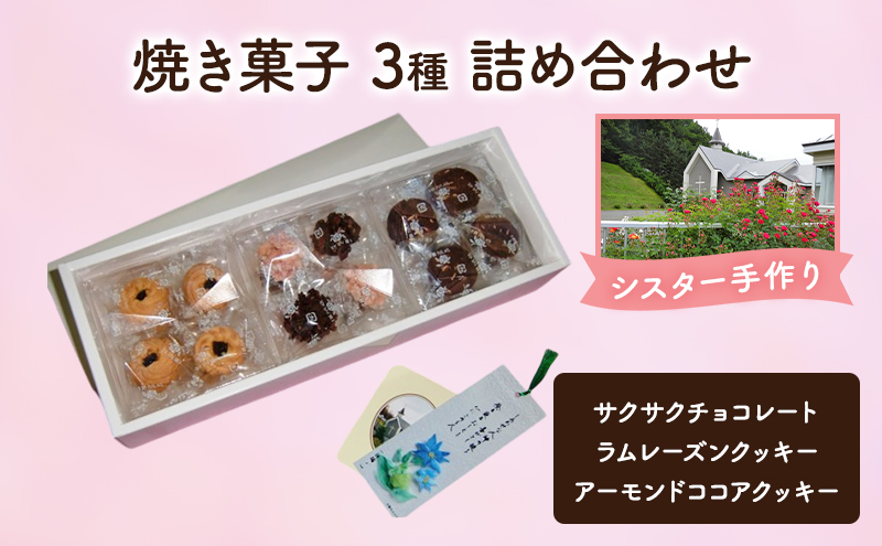 【北海道幕別町】十勝カルメル会シスターが真心こめて作った 焼き菓子 3種 詰め合わせ(サクサク・ラムレーズンクッキー・アーモンドココアクッキー)【 ギフト プチギフト お菓子 お返し 北海道 十勝 幕別 クッキー 】