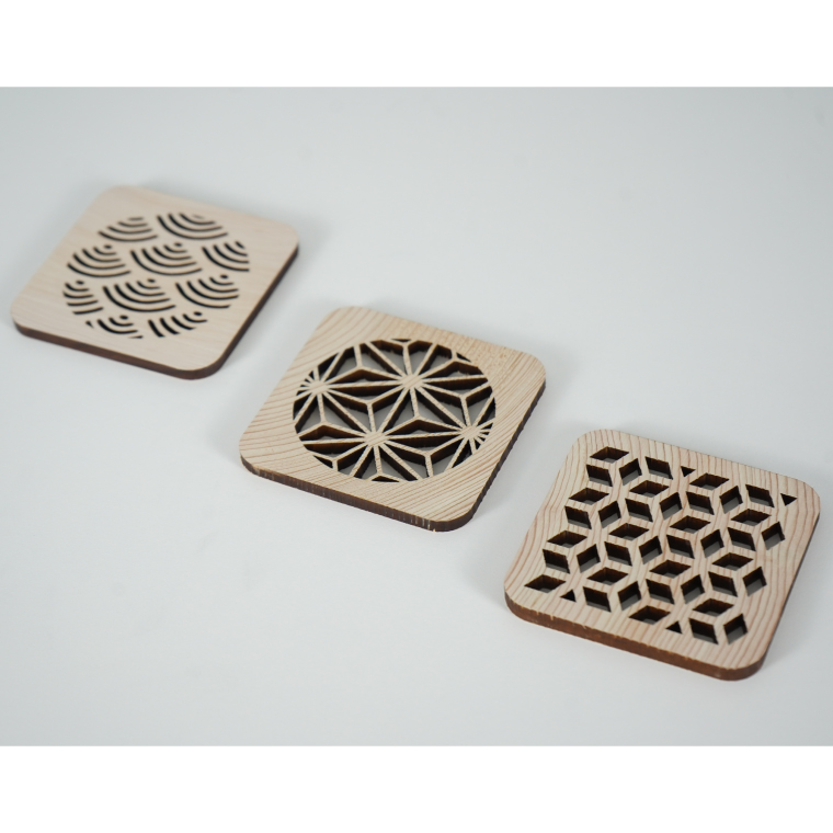 ヒノキの和柄コースター3種セット【四角】｜茨城県産 大子町 ひのき 木 伝統文様 和柄コースター コースター コースター 3種セット 四角(BH012)