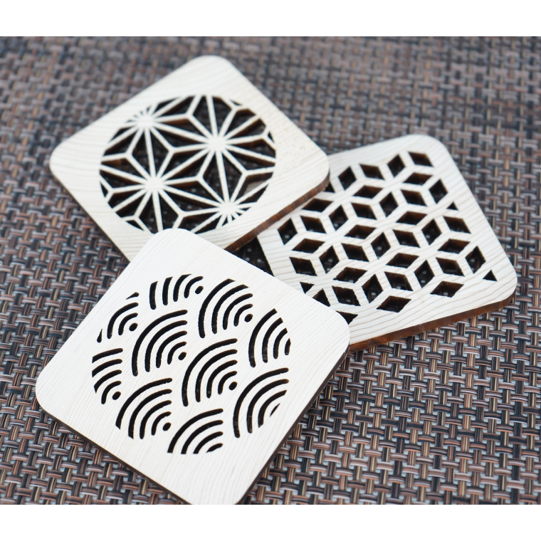 ヒノキの和柄コースター3種セット【四角】｜茨城県産 大子町 ひのき 木 伝統文様 和柄コースター コースター コースター 3種セット 四角(BH012)