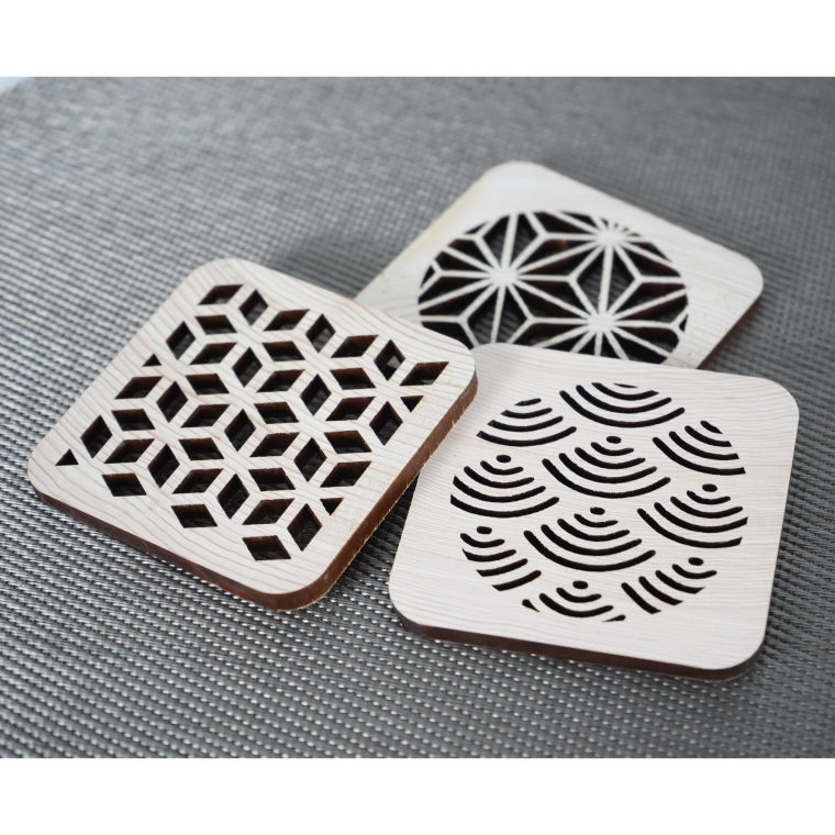 ヒノキの和柄コースター3種セット【四角】｜茨城県産 大子町 ひのき 木 伝統文様 和柄コースター コースター コースター 3種セット 四角(BH012)