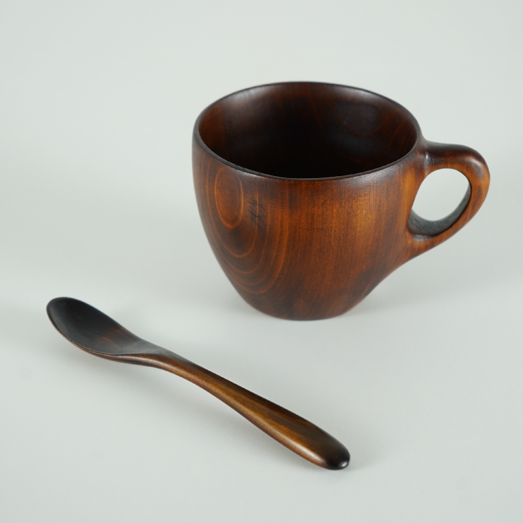 ヒノキの漆コーヒーカップ ＆スプーンセット｜茨城県産 大子町  大子漆 ひのき 木 コーヒーカップ スプーン セット 漆 ヒノキ(BH015)