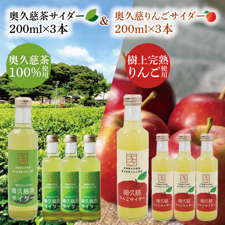 【数量限定】奥久慈りんご・奥久慈茶サイダー　200ml×各3本　計6本セット｜茨城県 大子町 林檎 緑茶 ジュース 飲料（AV015）