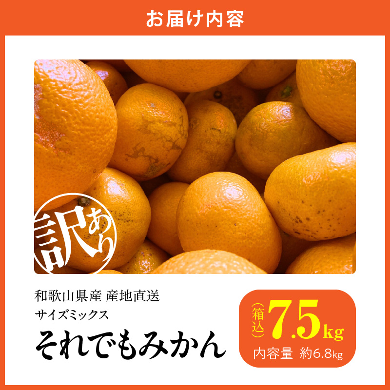 MK1049_訳あり それでも みかん 箱込 7.5kg ( 内容量 6.8kg ) サイズミックス Ｂ品 有田みかん 和歌山県産 産地直送 家庭用【みかんの会】