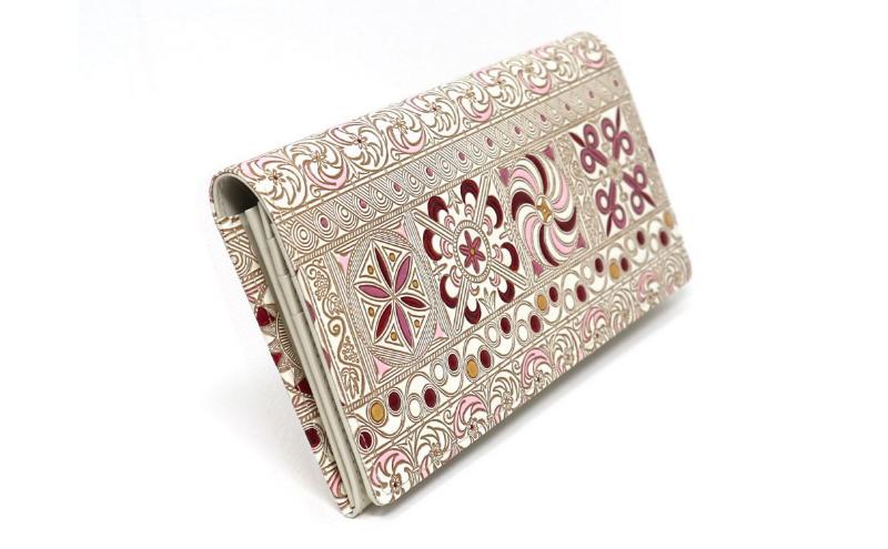 【文庫屋大関】束入れ 錦紗＜ピンク＞【皮革工芸品】 財布 お札 お札入れ 長財布 カード 小銭 牛革 手作り 日本製 墨田区 東京都