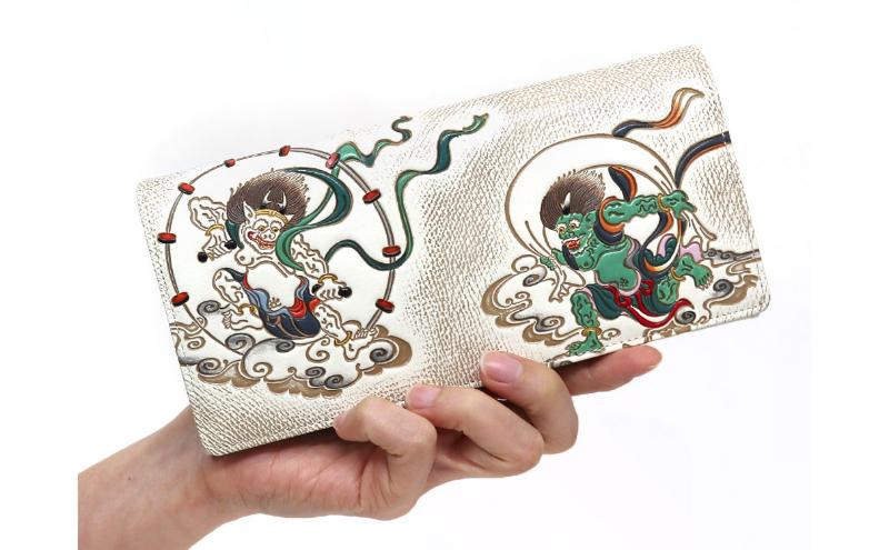 【文庫屋大関】束入れ 風神雷神【皮革工芸品】 財布 お札 お札入れ 長財布 カード 小銭 牛革 手作り 日本製 墨田区 東京都