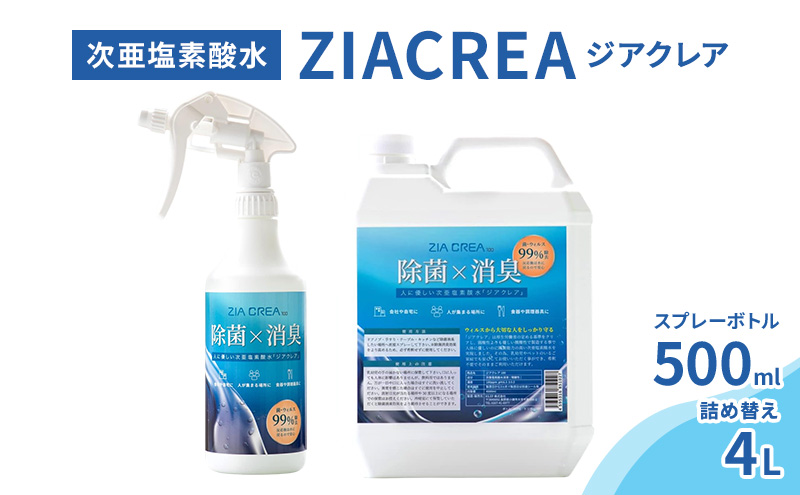 微酸性次亜塩素酸水　ZIACREA（ジアクレア）100ppm 【スプレーボトル500ml+詰め替え4L】除菌 消臭 ウイルス対策