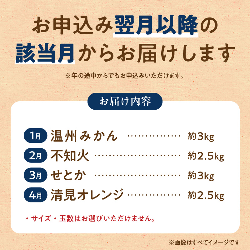 G60-T99_【定期便 全4回】紀州和歌山産旬の柑橘セット(みかん・不知火・せとか・清見)全4回