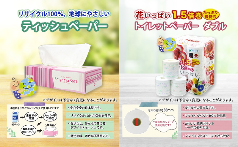 長持ち 1.5倍巻き 花いっぱい トイレットペーパー ダブル 45ｍ 24ロール & ブライティア ソフト ボックスティッシュ 200組 400枚 5箱  全18種 花柄 プリント 香り付き 日本製 まとめ買い 防災 常備品 消耗品 備蓄 北海道