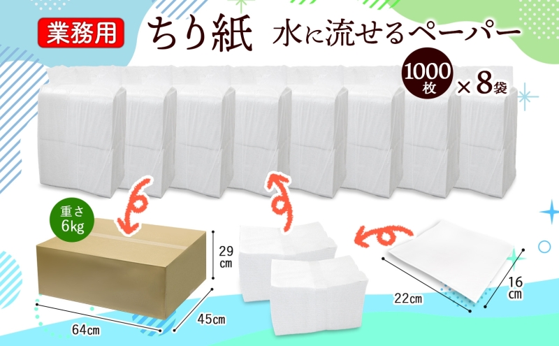 業務用 水に流せる ちり紙 1000枚×8袋 チリ紙 ティッシュ ティッシュペーパー ペーパー 紙 落とし紙 衛生用品 無香料 まとめ買い 箱買い 備蓄 非常用 エコ 再生紙 送料無料 川一製紙 岐阜県 美濃市