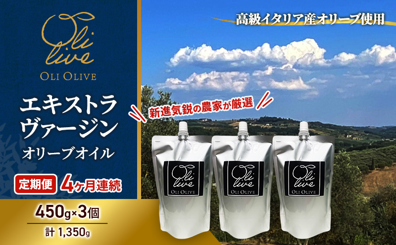 【受賞農家が選出】 高級イタリア産 エキストラ・ヴァージン・オリーブオイル 450g×3個【定期便4ヶ月連続】 調味料 油 オリーブ油 食用油 静岡県 袋井市
