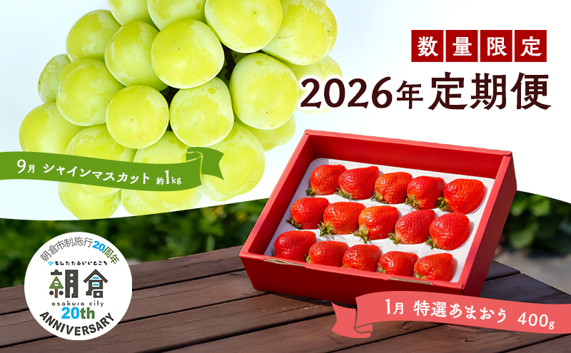 【朝倉市制施行20周年記念企画】 定期便 2回 うるう農園 2026年1月発送 特選 あまおう 400g ゆう美果樹園 2026年9月発送 シャインマスカット 1～3房 約1kg ※配送不可：離島