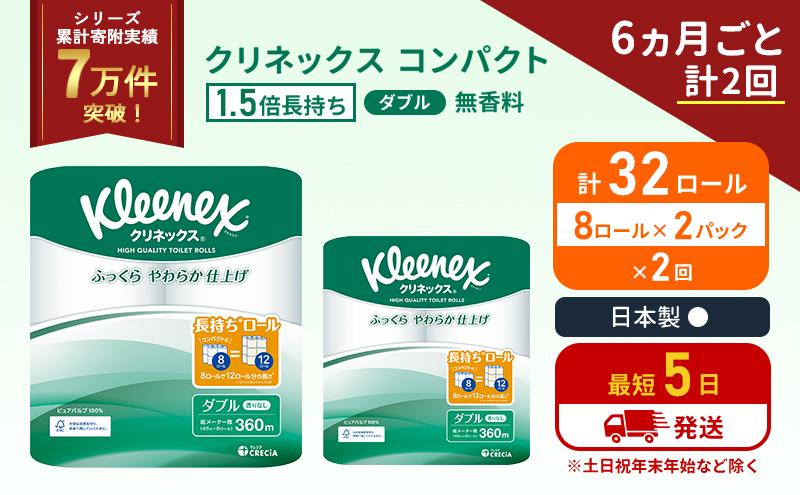 【宮城県岩沼市】定期便 トイレットペーパー ダブル 1.5 倍巻き 8ロール入×2パック クリネックス コンパクト 無香料《6ヶ月ごと計2回》 トイレット ペーパー 節約 日用品 日用雑貨 備蓄 備蓄品 備蓄用 防災 防災グッズ 倍巻 宮城 宮城県 岩沼市