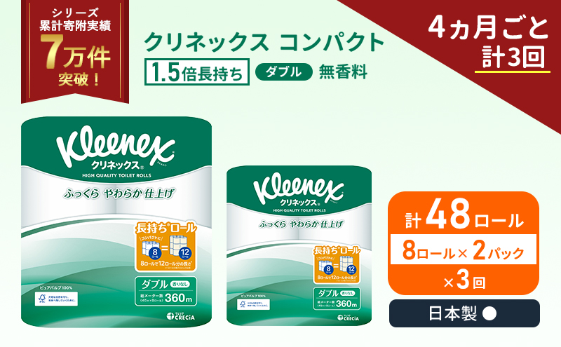 定期便 トイレットペーパー ダブル 1.5 倍巻き 8ロール入×2パック クリネックス コンパクト 無香料《4ヶ月ごと計3回》 トイレット ペーパー 節約 日用品 日用雑貨 備蓄 備蓄品 備蓄用 防災 防災グッズ 倍巻 宮城 宮城県 岩沼市