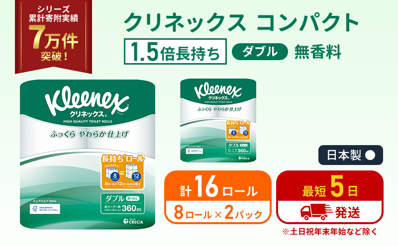 トイレットペーパー ダブル 1.5 倍巻き 8ロール入×2パック クリネックス コンパクト 無香料 トイレット ペーパー 節約 日用品 日用雑貨 消耗品 備蓄 備蓄品 備蓄用 防災 防災グッズ 倍巻 宮城 宮城県 岩沼市