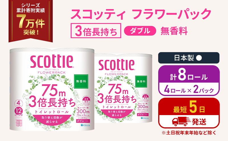 【宮城県岩沼市】トイレットペーパー ダブル 3倍 長持ち 4ロール入×2パック スコッティ フラワーパック 無香料 トイレット ペーパー トイペ セット 節約 日用品 日用雑貨 消耗品 備蓄 備蓄品 備蓄用 防災 防災グッズ 災害 3倍巻き 倍巻 宮城 宮城県 岩沼市