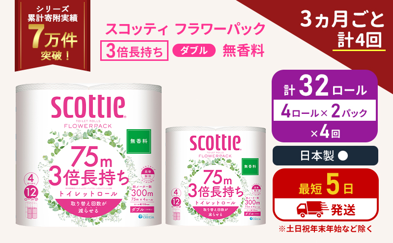 【宮城県岩沼市】定期便 トイレットペーパー ダブル 3倍 長持ち 4ロール入×2パック スコッティ フラワーパック 無香料《3ヶ月ごと計4回》 トイレット ペーパー セット 節約 日用品 日用雑貨 備蓄 備蓄用 防災 防災グッズ 災害 3倍巻き 倍巻 宮城県 岩沼市