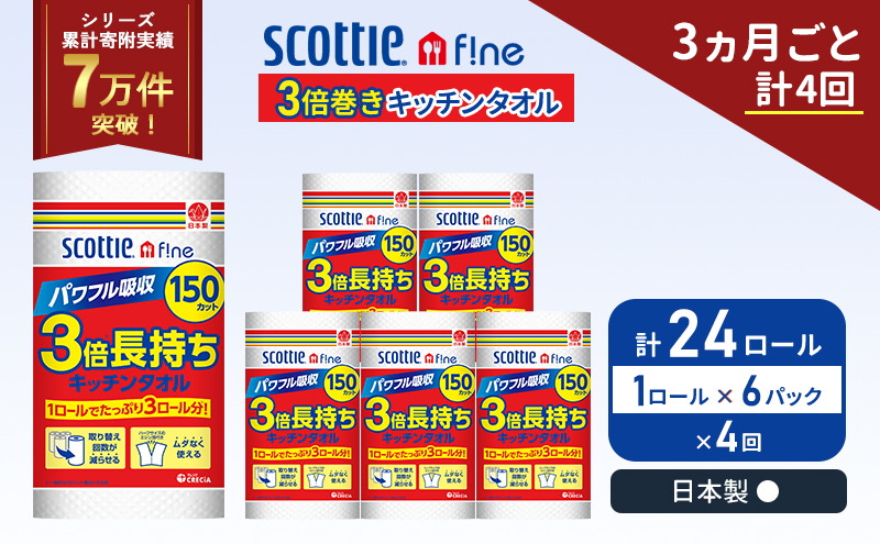 定期便 キッチンペーパー 6パック入 キッチンタオル スコッティ ファイン 1 ロール 3倍 150カット セット《3ヶ月ごと計4回》 ペーパータオル キッチン用品 節約 日用品 日用雑貨 備蓄 備蓄用 防災 災害 3倍巻き まとめ買い 宮城県 岩沼市