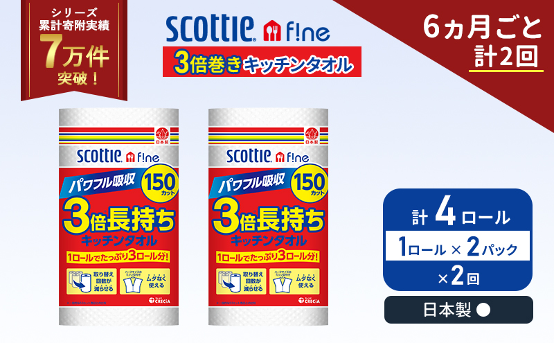 定期便 キッチンペーパー 2パック入 キッチンタオル スコッティ ファイン 1 ロール 3倍 150カット セット《6ヶ月ごと計2回》 ペーパータオル キッチン用品 節約 日用品 日用雑貨 備蓄 備蓄用 防災 災害 3倍巻き まとめ買い 宮城県 岩沼市