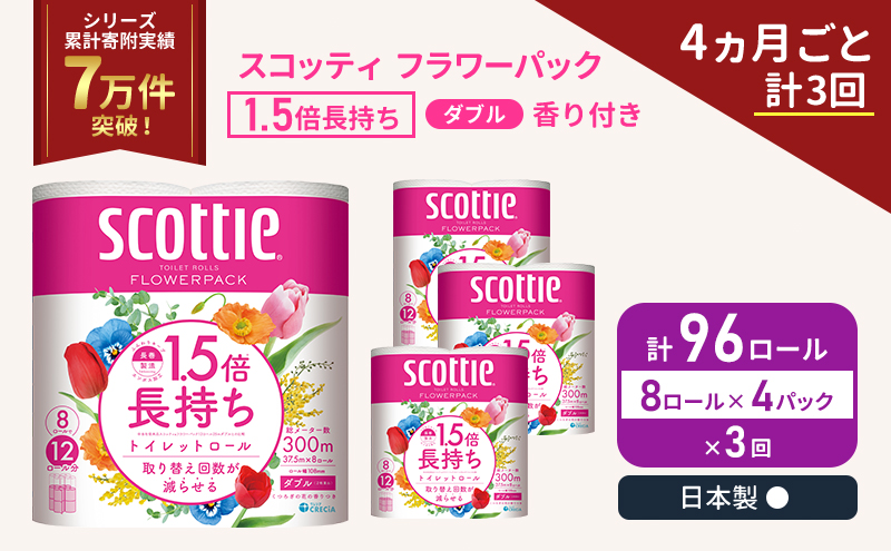 定期便 トイレットペーパー ダブル スコッティ 96ロール( 8ロール入×4パック )《4ヶ月ごと計3回》 1.5 倍巻き フラワーパック 香り付き  節約 箱買い 大量 防災 備蓄 備蓄品  日用品 トイペ セット 倍巻 トイレ 宮城 宮城県 岩沼市