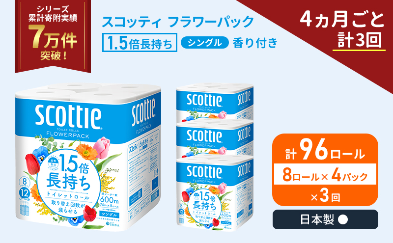 定期便 トイレットペーパー シングル 1.5倍長持ち 96ロール (8ロール×4パック)《4ヶ月ごと計3回》 フラワーパック 香り付き スコッティ トイレットペーパーシングル 長持ち 長持ちロール 防災 災害 日用品 生活用品 生活必需品 宮城県 岩沼市